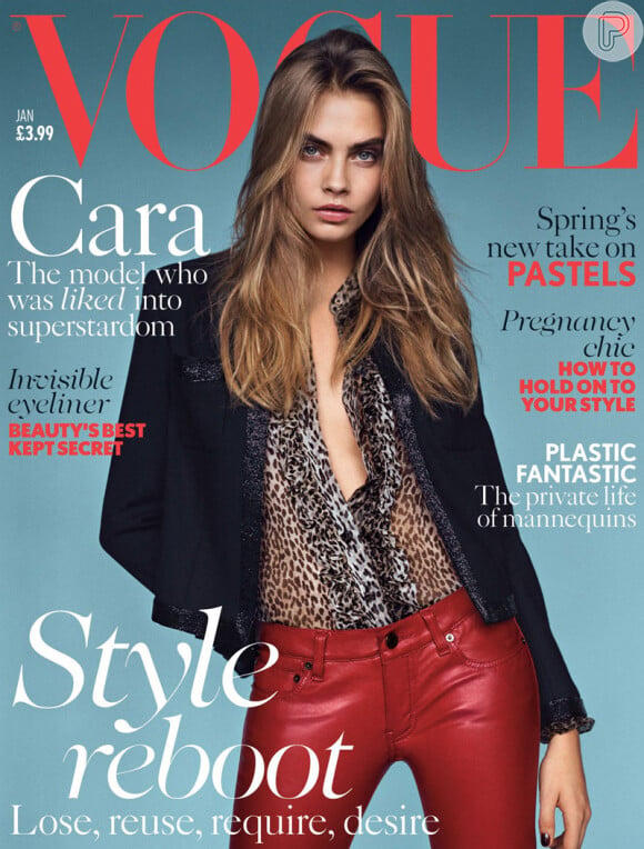 Cara Delevigne posou para a capa da 'Vogue' de janeiro de 2014 com uma calça, um blazer e uma blusa da grife Saint Laurent. O trio junto vale cerca de R$ 22 mil