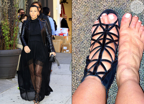 No início de maio, Kim Kardashian foi fotografada em Nova York usando um longo com transparente com o forro de renda e casaco de couro. No detalhe, os pés inchados da socialite após usar a sandália apertada