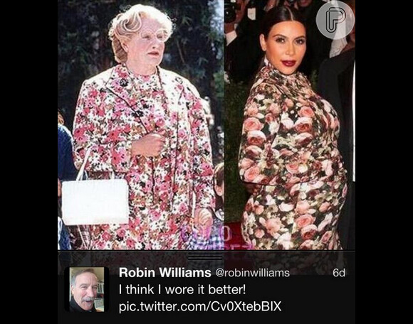 O ator Robim Williams brincou com a situação e comparou o vestido de Kim Kardashiam com um look usado por ele no filme 'Uma Babá Quase Perfeita' (1993)