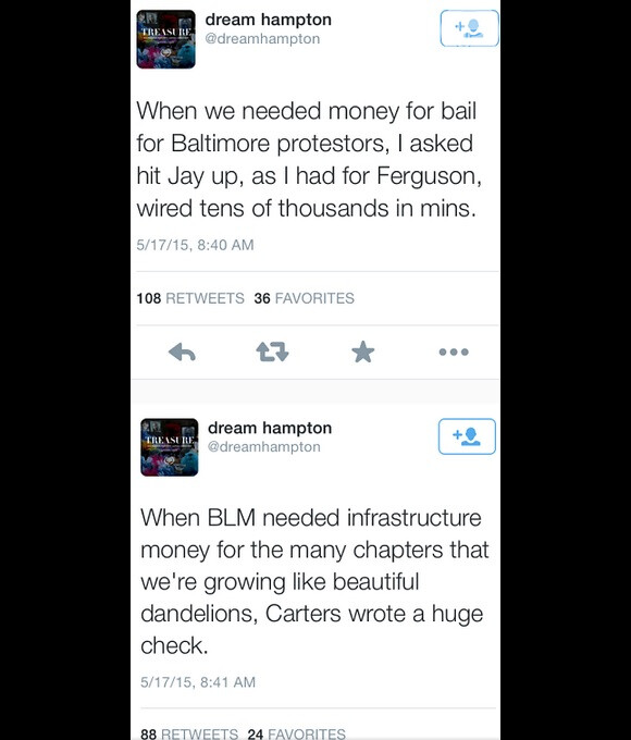 Dream Hampton postou uma série de tuítes reveladores sobre Jay-Z, que foram printados pela revista 'Complex' antes que fossem apagados. Nos posts, além da fiança paga pelo rapper, a escritora também revelou que o casal doou um cheque grande para apoiar o movimento 'Black Lives Matter (A vida dos negros importa)'