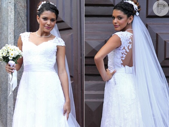 Gabi (kizi Vaz) se casa com vestido simples e romântico, na novela 'Babilônia'