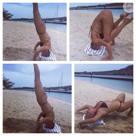 A namorada de Junno Andrade chamou atenção ao postar foto tentando fazer poses de ioga