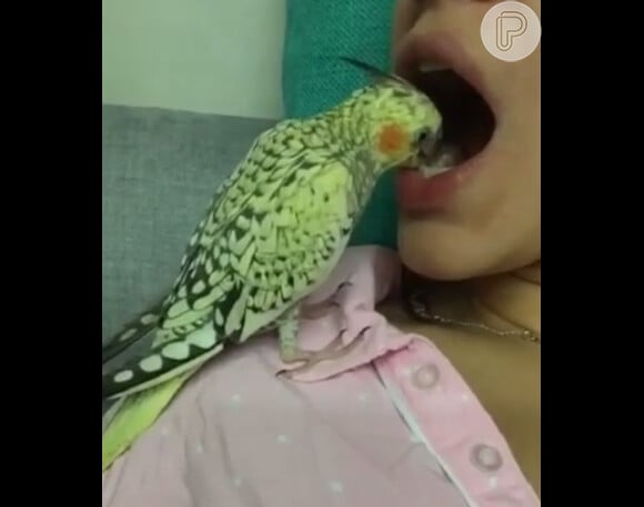 Recentemente Bruna Marquezine também apareceu em momento inusitado: com o passarinho na sua boca. 'Minha dentista', brincou a atriz