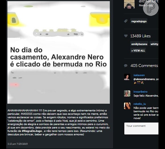 Alexandre Nero confirmou o festejo em sua conta no Instagram: "Desculpa para brincar, beber e gargalhar"