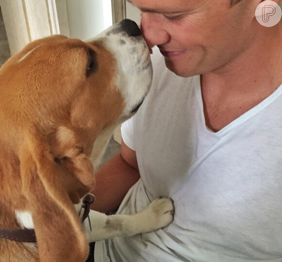Recentemente, Gisele Bündchen postou uma foto do marido Tom Brady recebendo carinho do novo mascote da família, o beagle Scooby

