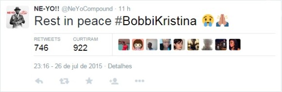 Ne-Yo escreveu sobre a morte de Bobbi Kristina, filha de Whitney Houston: 'Descanse em paz'