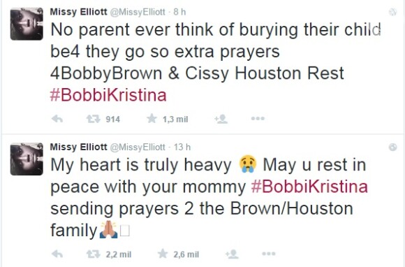 A rapper Missy Elliott também usou o Twitter para lamentar a morte de Bobbi Kristina, filha de Whitney Houston