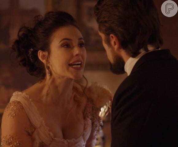 Melissa (Paolla Oliveira) afirma para Felipe (Rafael Cardoso) que vai descobrir por quem ele se apaixonou, na novela 'Além do Tempo'