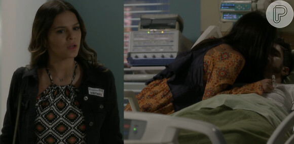 Grego (Caio Castro) estava desacordado no hospital quando Bruna o beijou pela primeira vez. Marizete (Bruna Marquezine) entrou no quarto na hora e ficou choicada com a cena