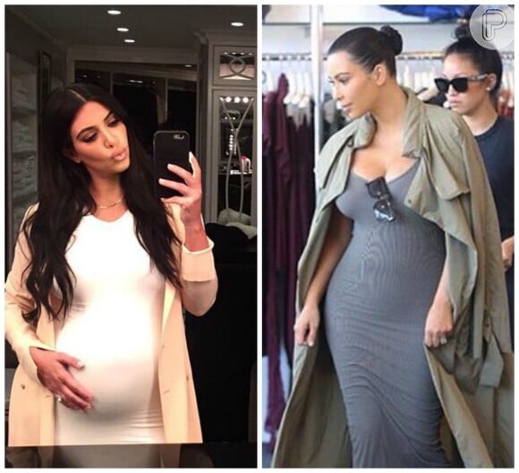 Kim Kardashian postou uma foto no Instagram exibindo o barrigão num look justinho nesta terça-feira, 28 de julho de 2015, e poucos dias antes compartilhou um registro na mesma rede social com uma peça colada ao corpo, porém, exibindo uma barriga mais discreta