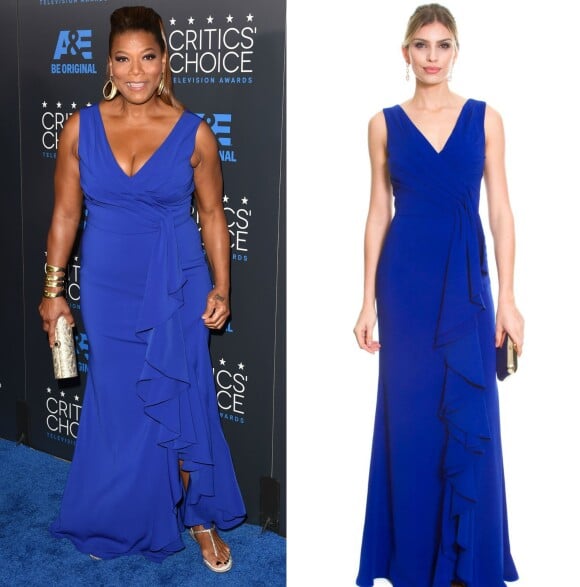 Queen Latifah apostou em look Badgley Mischka para o Critics' Choice Television Awards, em maio de 2015. O vestido azul de babado, avaliado em R$5.390, pode ser alugado no Brasil por R$640