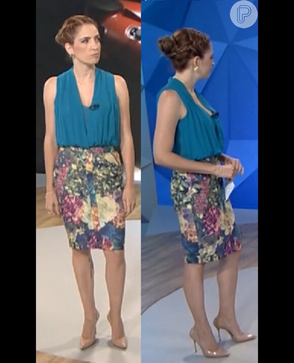 No dia 1º de fevereiro, a apresentadora usou blusa azul e saia florida combinados com scarpin nude
