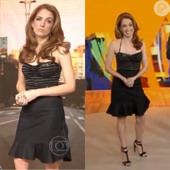 No dominical de 27/09, Poliana Abritta usou saia preta e top metalizado, combinados com sandália de tiras duplas da Animale