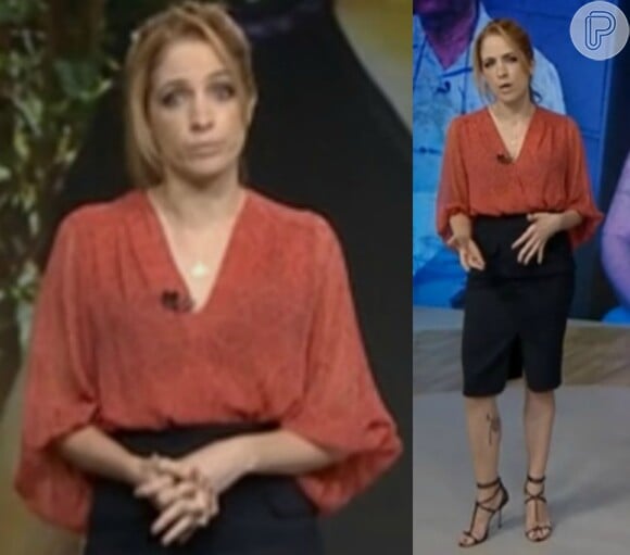 Poliana usa body e saia Cris Barros com sandálias Animale no programa do dia 04 de outubro