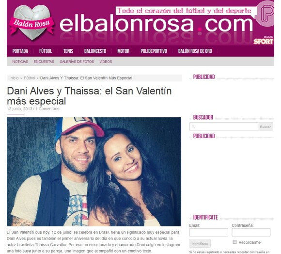 A mensagem de Dia dos Namorados entre Daniel Alves e Thaissa Carvalho também foi notícia na Espanha