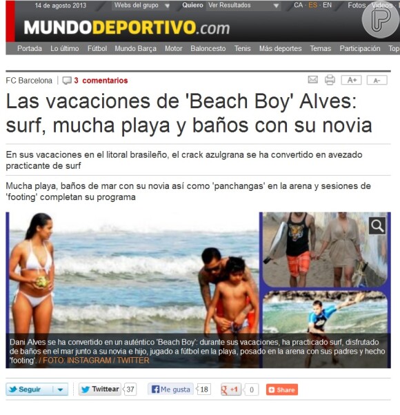Thaissa Carvalho na praia durante as férias de Daniel Alves foi destaque na imprensa espanhola
