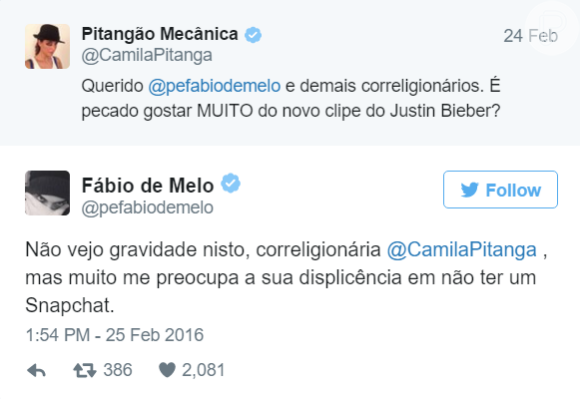O sacerdote já era sucesso no Twitter e é queridinho na rede social por diversas celebridades, incluindo a atriz Camila Pitanga
