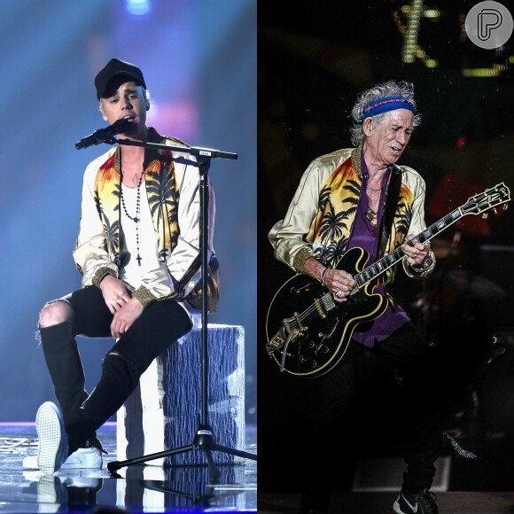 Justin Bieber e Keith Richards, do Rolling Stones, usaram a mesma jaqueta em suas apresentações, na noite desta quarta-feira, 24 de fevereiro de 2016