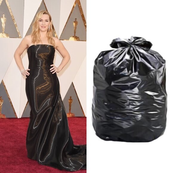Kate Winslet não levou o Oscar 2016 de Melhor Atriz Coadjuvante por seu papel em 'Steve Jobs', mas ganhou algumas montagens pela escolha de seu look Ralph Lauren, comparado a um saco de lixo
