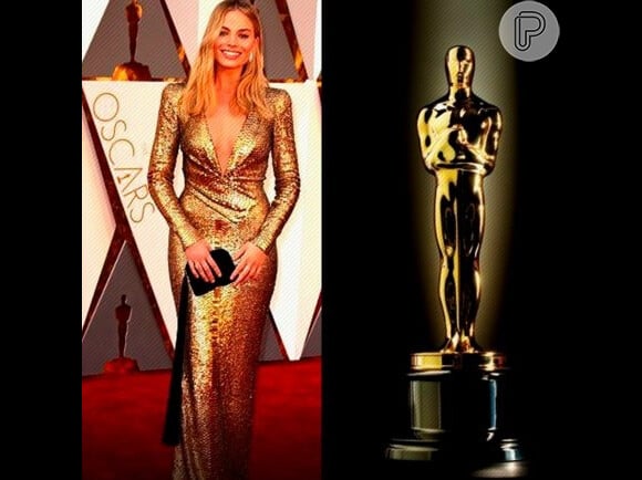 Margot Robbie escolheu um look dourado Tom Ford para o Oscar 2016 e rapidamente foi comparada à estatueta da premiação