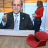 Christiane Pelajo e o ministro da saúde, Marcelo Castro, na estreia de seu novo noticiário, o 'Edição das 16h', na Globo News