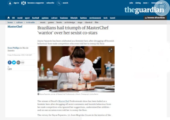 O jornal 'The Guardian' destacou a vitória de Dayse Paparoto no 'MasterChef Profissionais'