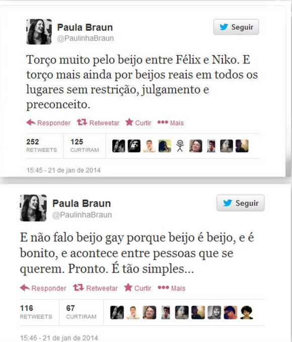 Paula Braun, mulher de Mateus Solano, torce pela cena do beijo entre Niko (Thiago Fragoso) e Félix. 'É simples', escreveu no Twitter