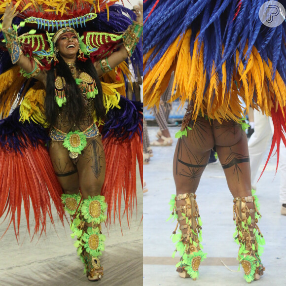 Rainha de bateria da Beija-Flor há 15 anos, Raissa de Oliveira usou figurino colorido com grande armação de plumas nas costas no primeiro dia do Carnaval do Rio de 2017