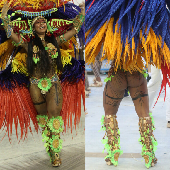 Rainha de bateria da Beija-Flor há 15 anos, Raissa de Oliveira usou figurino colorido com grande armação de plumas nas costas no primeiro dia do Carnaval do Rio de 2017