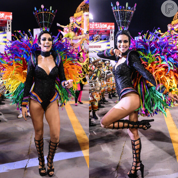 Daniela Albuquerque desfilou com maiô preto e plumas coloridas pelo Acadêmicos do Tucuruvi
