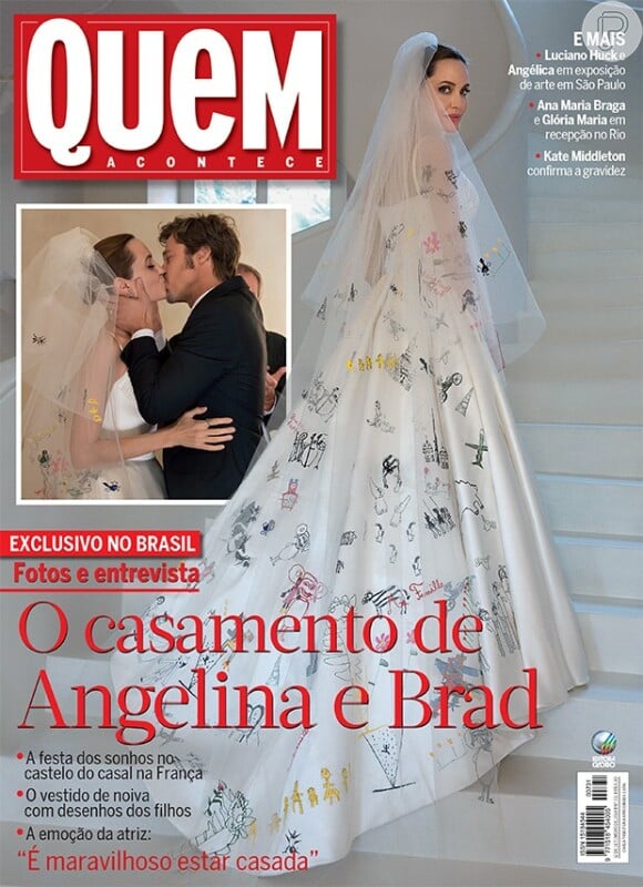 Angelina Jolie se casou em uma cerimônia íntima com Brad Pitt em agosto deste ano. Com um vestido assinado por Luigi Massi, da grife Versace, o véu da noiva teve destaque por ser decorado com desenhos feitos pelos filhos Maddox, de 12 anos, Pax, de 10, Zahara, de 9, Shiloh, de 7, e Vivienne e Knox, de 5 anos