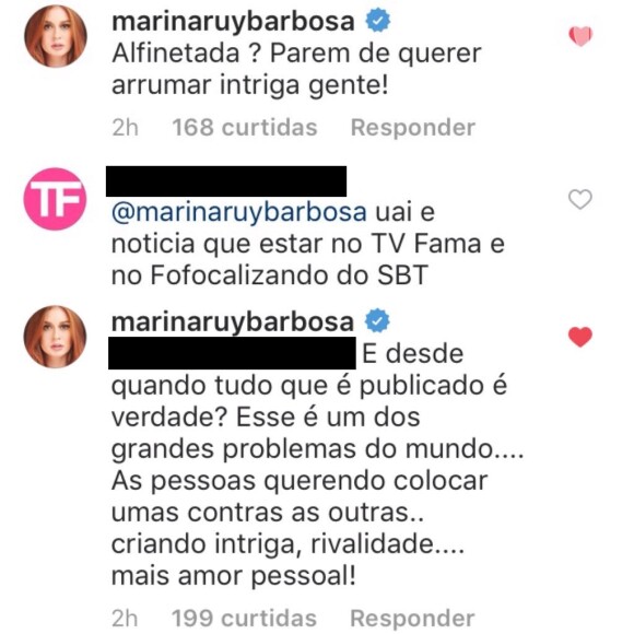 Marina Ruy Barbosa se irritou com os rumores de uma suposta rivalidade com a ex-BBB Emilly