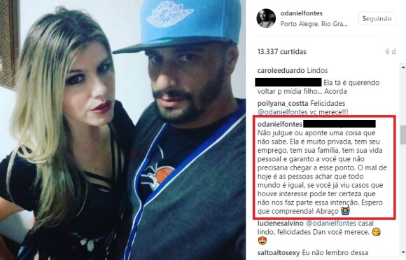 O ex-BBB Daniel Fontes rebateu as críticas sobre seu namoro com Juliana Canabarro, do 'BBB6'