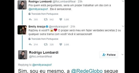 Ex-BBB Emilly acredita em perfil falso do ator Rodrigo Lombardi