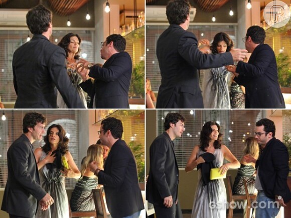 Embriagado, Felipe (Thiago Mendonça) faz escândalo em um restaurante e acaba derramando bebida no vestido de Verônica (Helena Ranaldi), na novela 'Em Família'