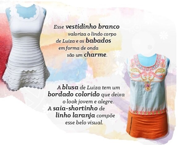 Branco e laranja são cores base da paleta do figurino de Luiza (Bruna Marquezine) na novela 'Em Família'. Este modelito branco foi o o figurino mais pedido da TV Globo em fevereiro de 2014