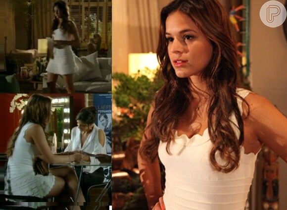 Luiza (Bruna Marquezine) foi ao recital de Laerte (Gabriel Braga Nunes) com um vestido branco justo e com babados em forma de ondas, na novela 'Em Família'