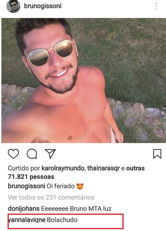 Yanna Lavigne brinca ao comentar na foto de Bruno Gissoni: 'Bolachudo'