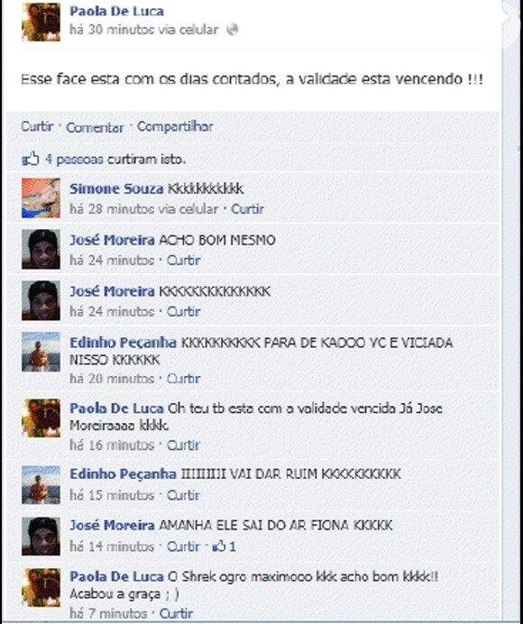 Paola de Luca fala no facebook para o suposto perfil de Ronaldinho Gaúcho, José Moreira, que ele delete a página da rede social