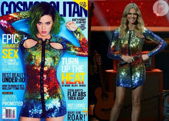 Fernanda Lima usou um vestido Emilio Pucci brilhoso no valor de R$ 24.280. Katy Perry aparece com o mesmo modelito na capa da Cosmopolitan 
