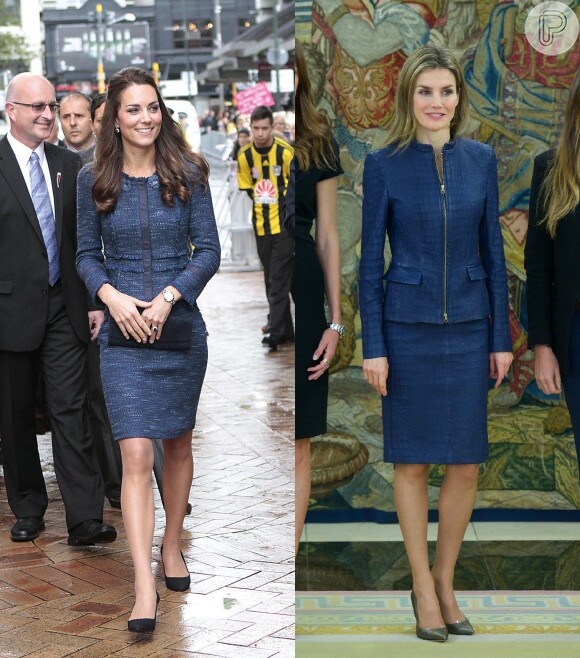 Kate Middleton e Leticia Ortiz elegem modelos bem parecido para eventos distintos, no entanto a rainha da Espanha escolhe um conjunto mais clássico e a mulher de príncipe William opta por peças mais moderna