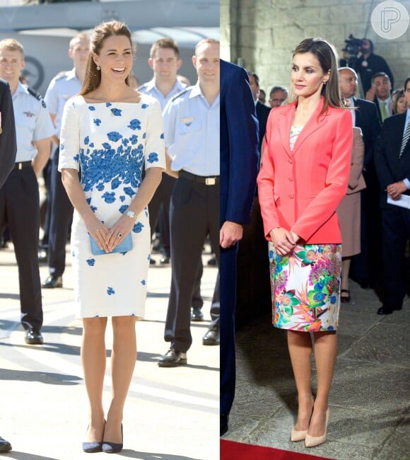 Com looks coloridos, Kate Middleton por vezes aparece com modelos com estampas, enquanto Leticia Ortiz quebra o visual minimalista, e por muitas vezes monocromático, com estampas e cores vibrantes