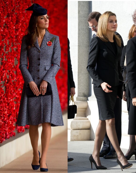 A duquesa de Cambridge é adepta dos trench coats e rainha Letizia prefere os blazers