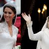No quesito vestido de casamento, Kate Midleton e Letizia Ortiz apareceram com vestidos parecidos; o mesmo decote em formato V, o véu preso com uma tiara de brilhantes, formato da saia e claro a enorme cauda