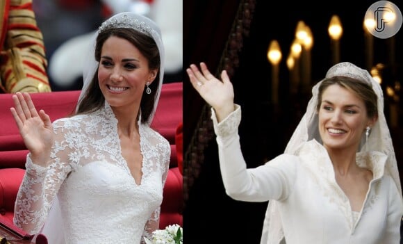 No quesito vestido de casamento, Kate Midleton e Letizia Ortiz apareceram com vestidos parecidos; o mesmo decote em formato V, o véu preso com uma tiara de brilhantes, formato da saia e claro a enorme cauda