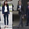 Enquanto Letizia Ortiz aposta do combo infalível terno + calça de alfaiataria, Kate Middleton moderniza o visual com cinto, jeans e espadrille