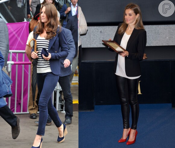 Sem descer do salto, Kate Middleton e Letizia Ortiz mesclam os must have do inverno: blusa de listras (referência de Coco Chanel) e scarpin vermelho, que atualiza qualquer look