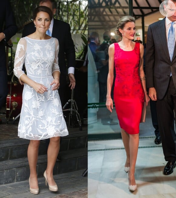 Com vestidos de festas com textura, Kate Middleton apresenta um modelo mais conservador, enquanto Letizia Ortiz brilha num vestido mais vibrante e justo, sem perder a elegância