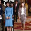 Em suas respectivas zonas de conforto, Kate Middleton aposta no vestido inspirado, em trench coats, enquanto Letizia Ortiz usa uma combinação de terninho e saia lápis