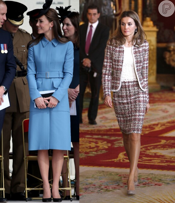 Em suas respectivas zonas de conforto, Kate Middleton aposta no vestido inspirado, em trench coats, enquanto Letizia Ortiz usa uma combinação de terninho e saia lápis